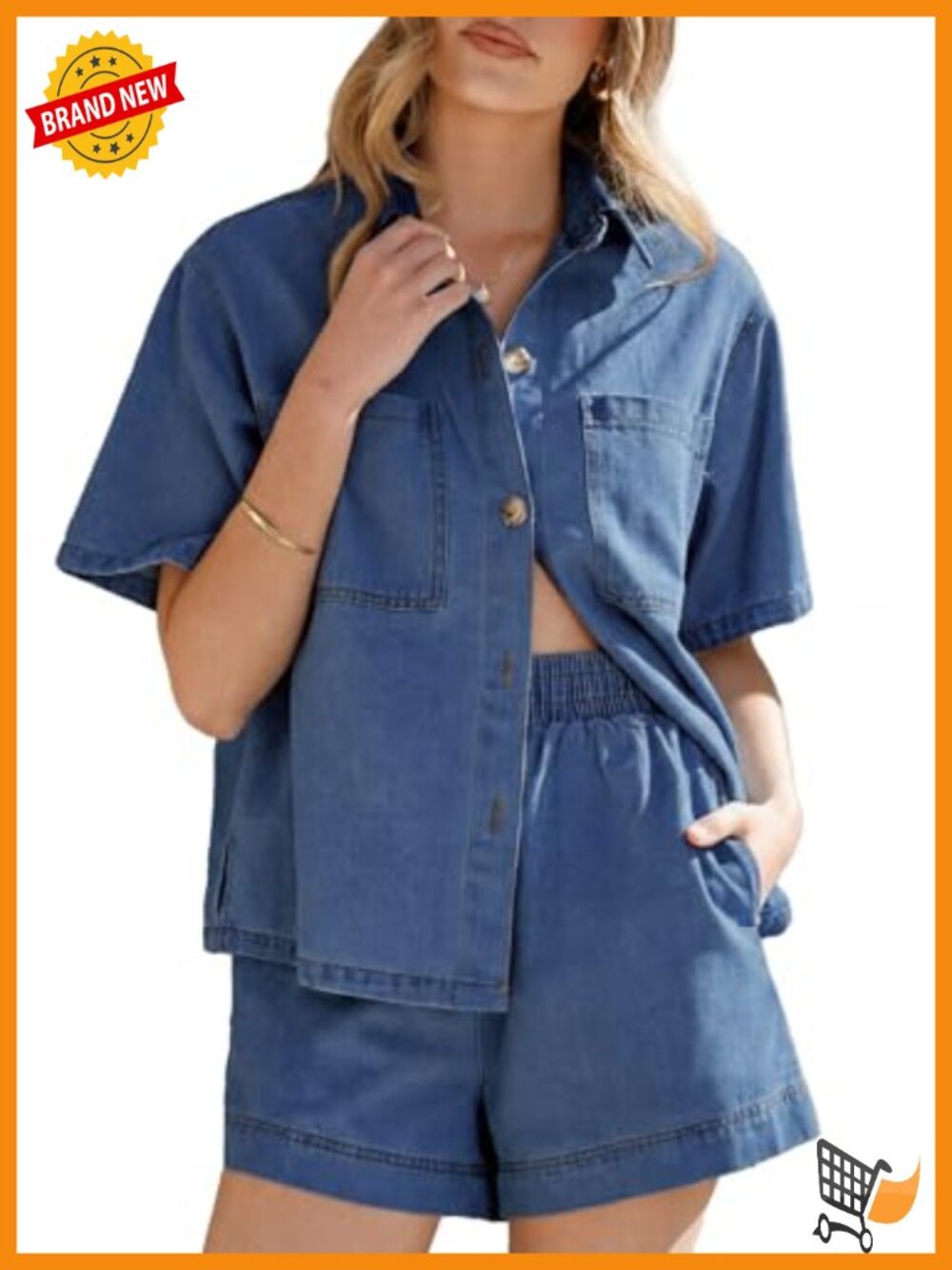 Denim 2 Piece Set Short Sleeve Button Down Shirt High Waisted Shorts Lounge Set